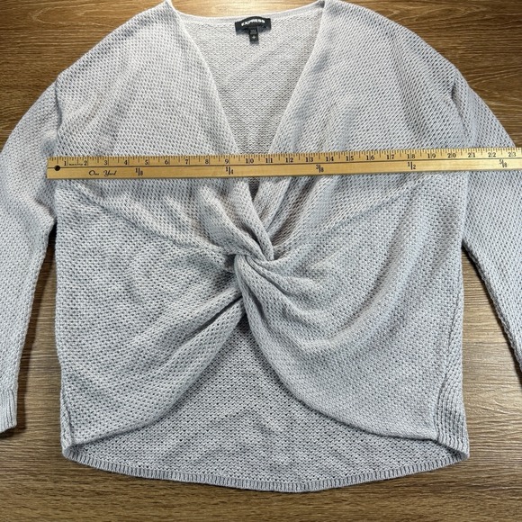 Express Twist-Front Open Knit Sweater 🤍 Small • Light Grey V-Neck Cozy Chic - Picture 5 of 9